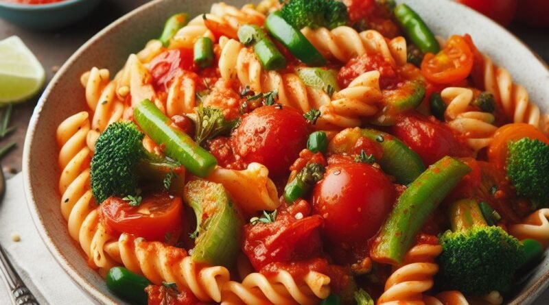 Receita Vegana de Macarrão com Molho de Tomate e Vegetais